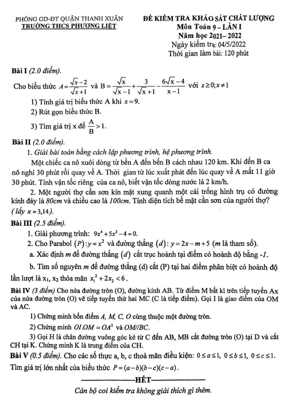Đề khảo sát chất lượng lớp 9 môn Toán lần 1 năm 2022 trường THCS Phương Liệt Hà Nội