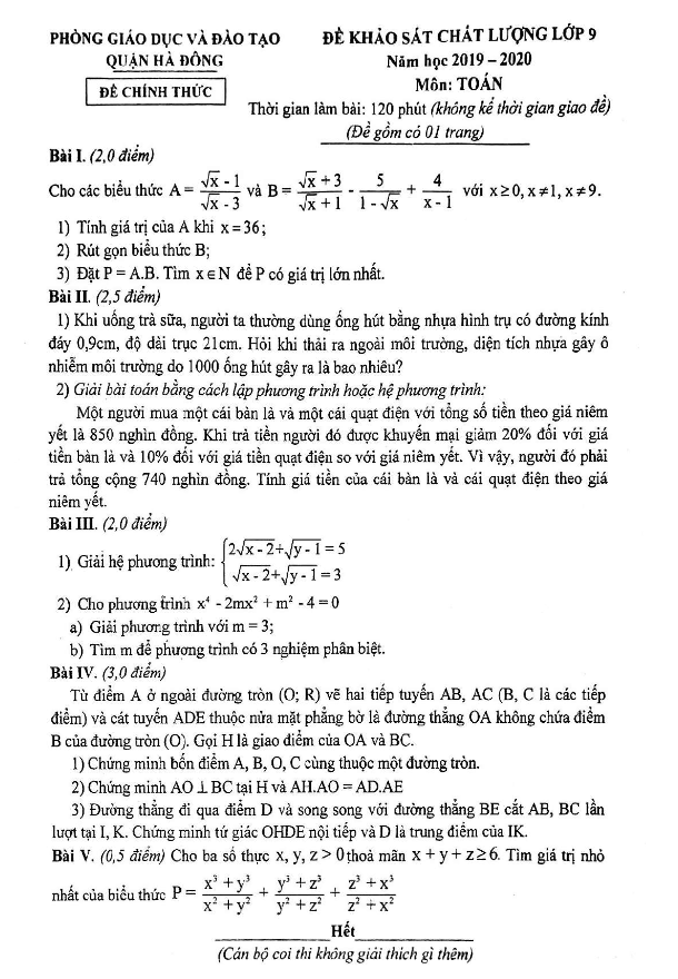 Đề khảo sát chất lượng lớp 9 môn Toán năm 2019 2020 phòng GD ĐT Hà Đông Hà Nội