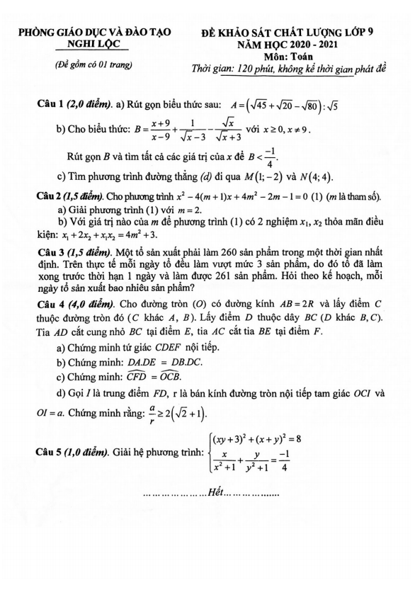 Đề khảo sát chất lượng lớp 9 môn Toán năm 2020 2021 phòng GD ĐT Nghi Lộc Nghệ An