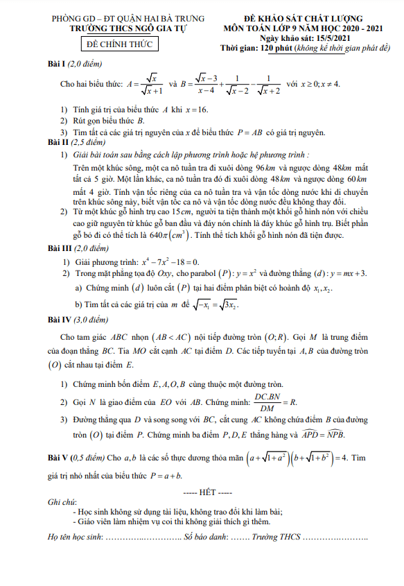 Đề khảo sát chất lượng lớp 9 môn Toán năm 2020 2021 trường Ngô Gia Tự Hà Nội