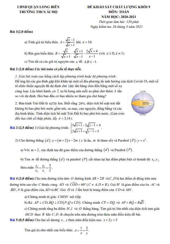 Đề khảo sát chất lượng lớp 9 môn Toán năm 2020 2021 trường THCS Ái Mộ Hà Nội