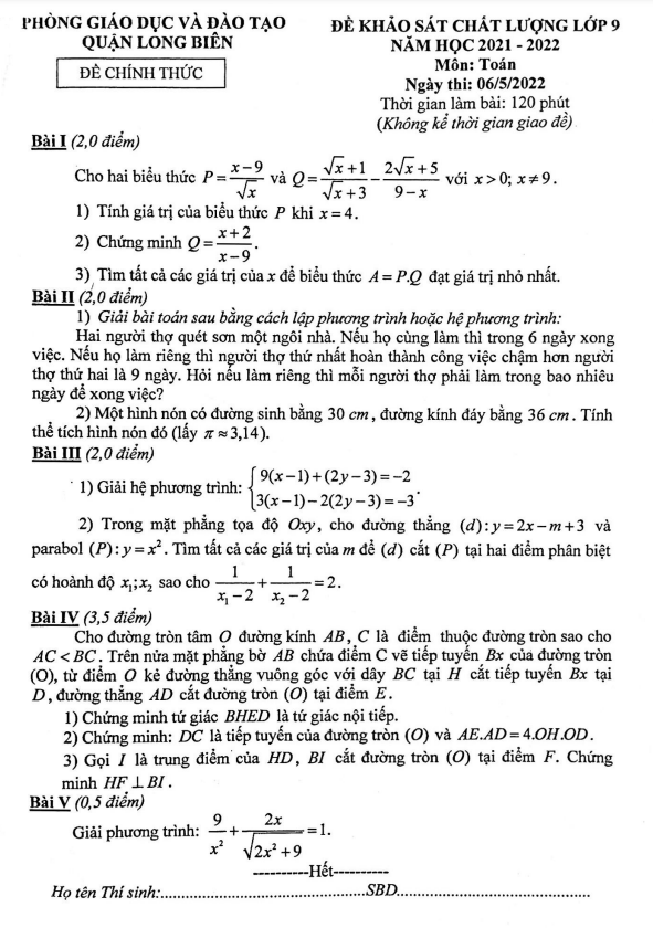 Đề khảo sát chất lượng lớp 9 môn Toán năm 2021 2022 phòng GD ĐT Long Biên Hà Nội