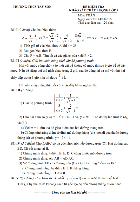 Đề khảo sát chất lượng lớp 9 môn Toán năm 2021 2022 trường THCS Tây Sơn Hà Nội