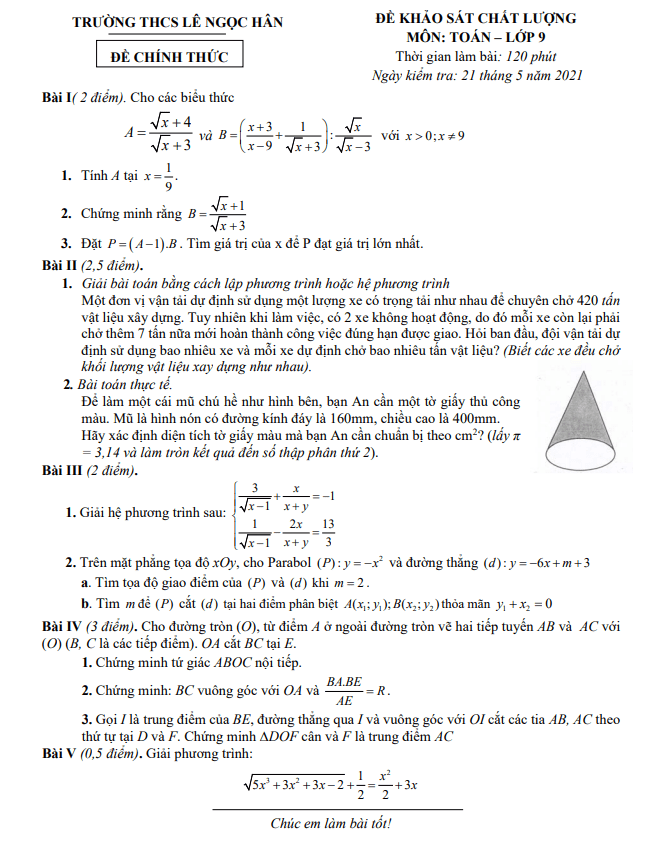 Đề khảo sát chất lượng lớp 9 môn Toán năm 2021 trường THCS Lê Ngọc Hân Hà Nội