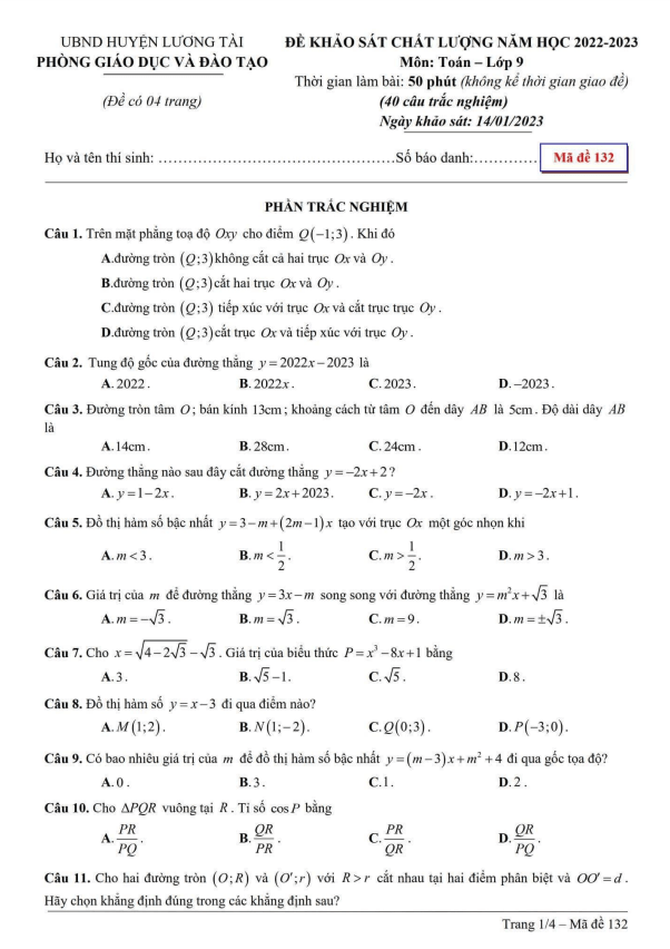 Đề khảo sát chất lượng lớp 9 môn Toán năm 2022 2023 phòng GD ĐT Lương Tài Bắc Ninh