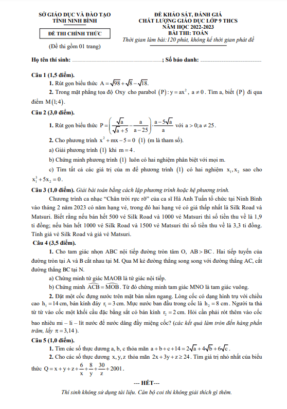 Đề khảo sát chất lượng lớp 9 môn Toán năm 2022 2023 sở GD ĐT Ninh Bình