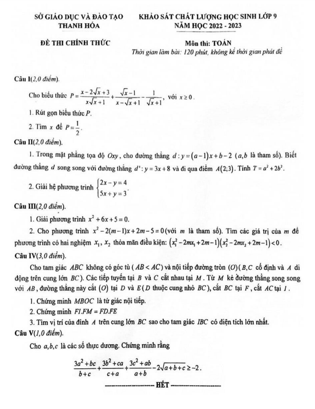 Đề khảo sát chất lượng lớp 9 môn Toán năm 2022 2023 sở GD ĐT Thanh Hóa