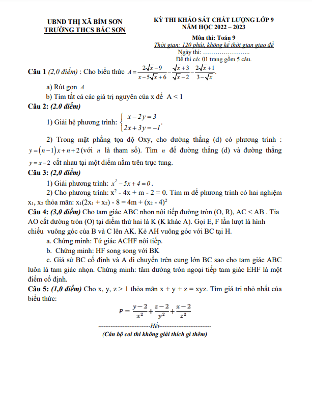 Đề khảo sát chất lượng lớp 9 môn Toán năm 2022 2023 trường THCS Bắc Sơn Thanh Hóa