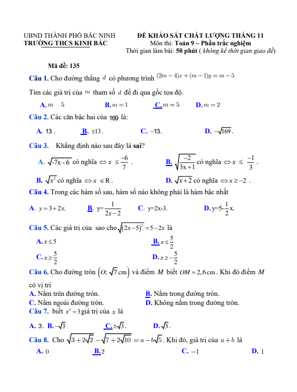 Đề khảo sát chất lượng lớp 9 môn Toán tháng 11 năm 2021 trường THCS Kinh Bắc Bắc Ninh