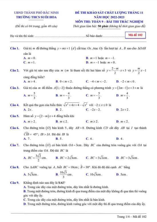 Đề khảo sát chất lượng lớp 9 môn Toán tháng 11 năm 2022 trường THCS Suối Hoa Bắc Ninh