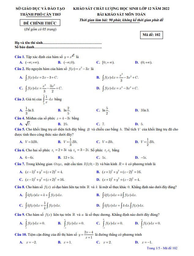 Đề khảo sát chất lượng môn Toán năm 2022 sở GD ĐT Cần Thơ