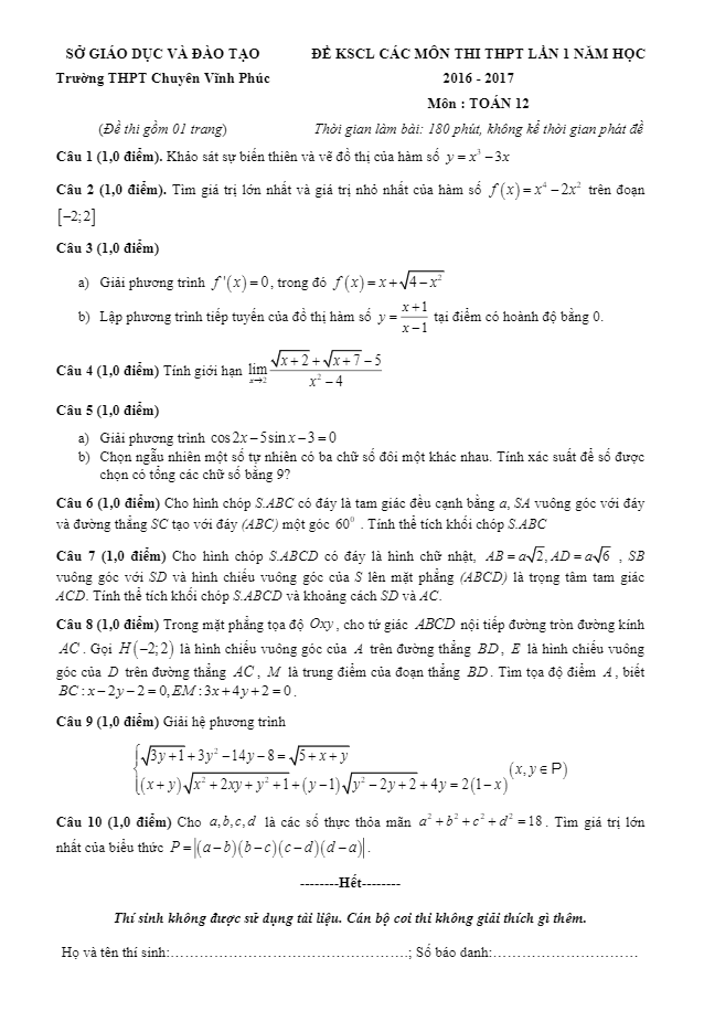 Đề khảo sát chất lượng môn Toán trường chuyên Vĩnh Phúc lần 1