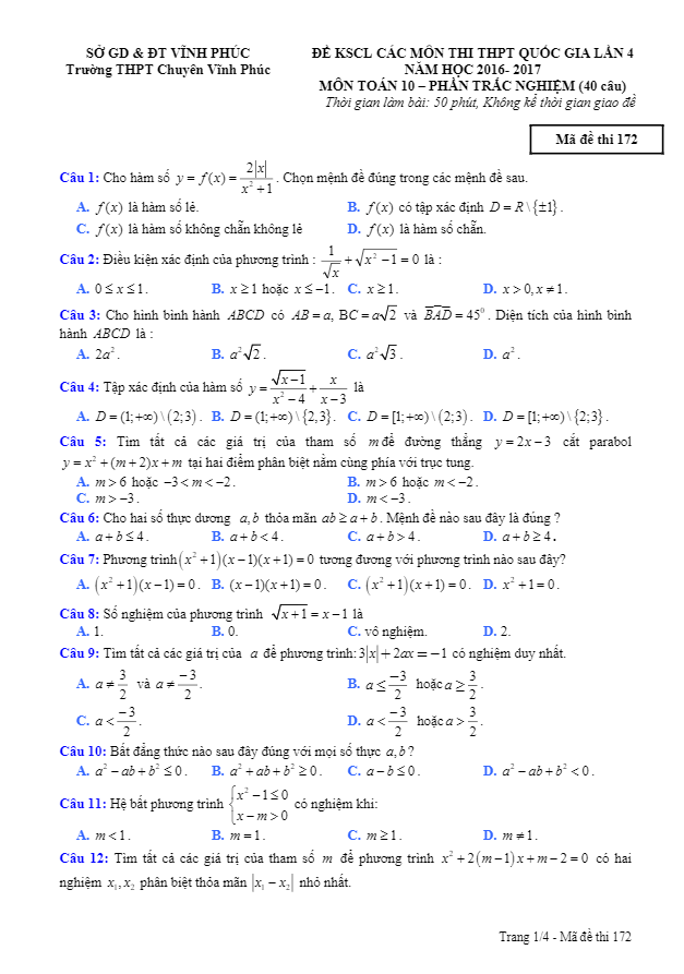 Đề khảo sát chất lượng môn Toán trường THPT chuyên Vĩnh Phúc lần 4