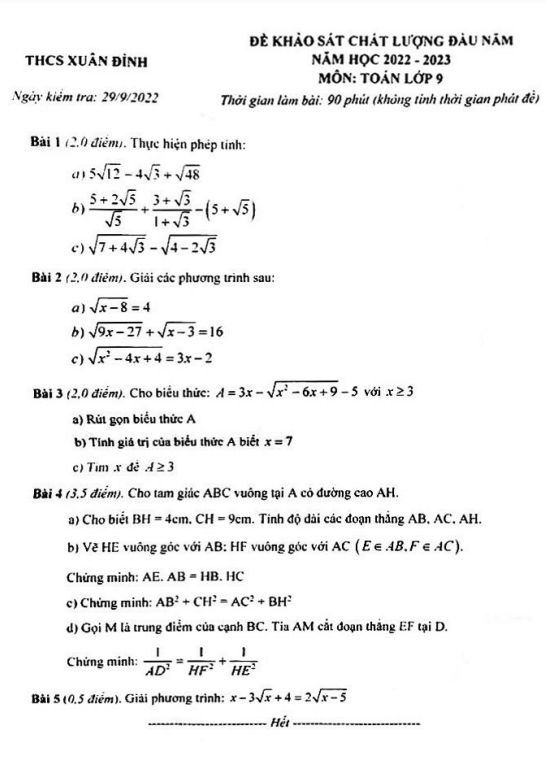 Đề khảo sát đầu năm lớp 9 môn Toán năm 2022 2023 trường THCS Xuân Đỉnh Hà Nội