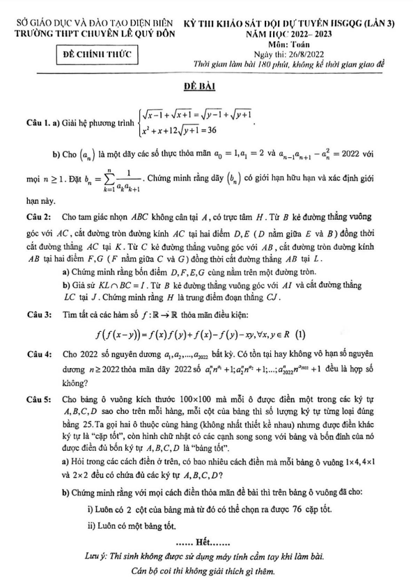 Đề khảo sát đội tuyển HSGQG Toán năm 2022 2023 chuyên Lê Quý Đôn Điện Biên