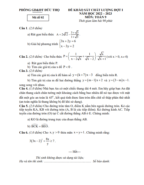 Đề khảo sát đợt 1 lớp 9 môn Toán năm 2022 2023 phòng GD ĐT Đức Thọ Hà Tĩnh
