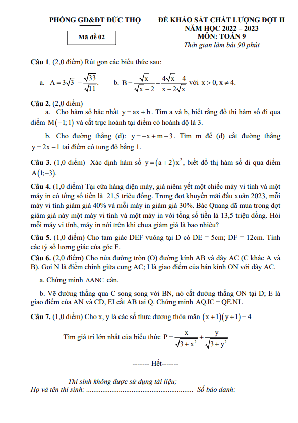Đề khảo sát đợt 2 lớp 9 môn Toán năm 2022 2023 phòng GD ĐT Đức Thọ Hà Tĩnh