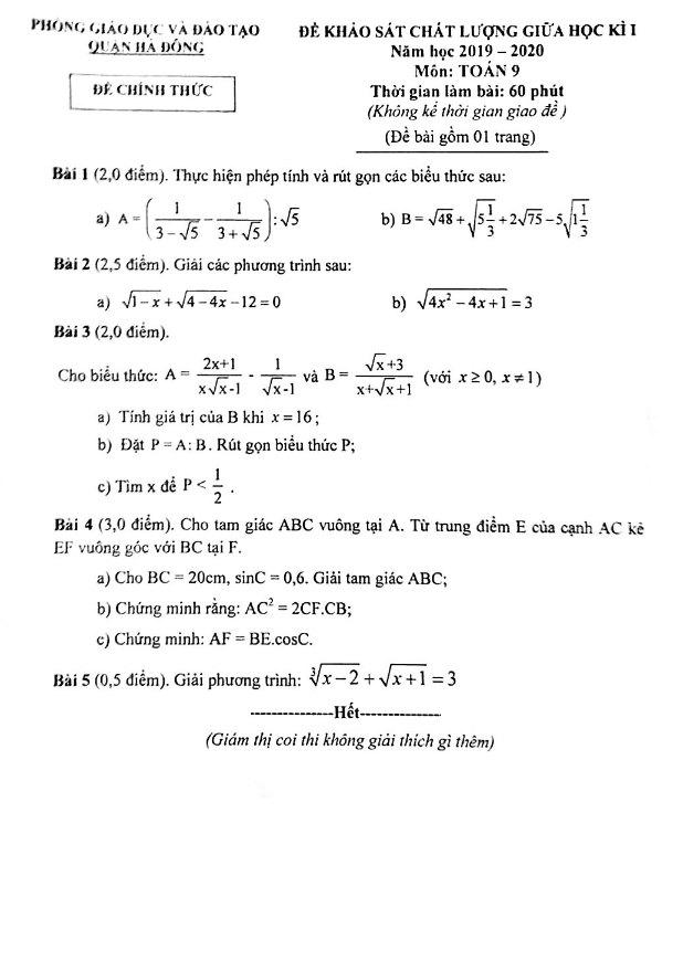 Đề khảo sát giữa học kì 1 (HK1) lớp 9 môn Toán năm 2019 2020 phòng GD ĐT Hà Đông Hà Nội