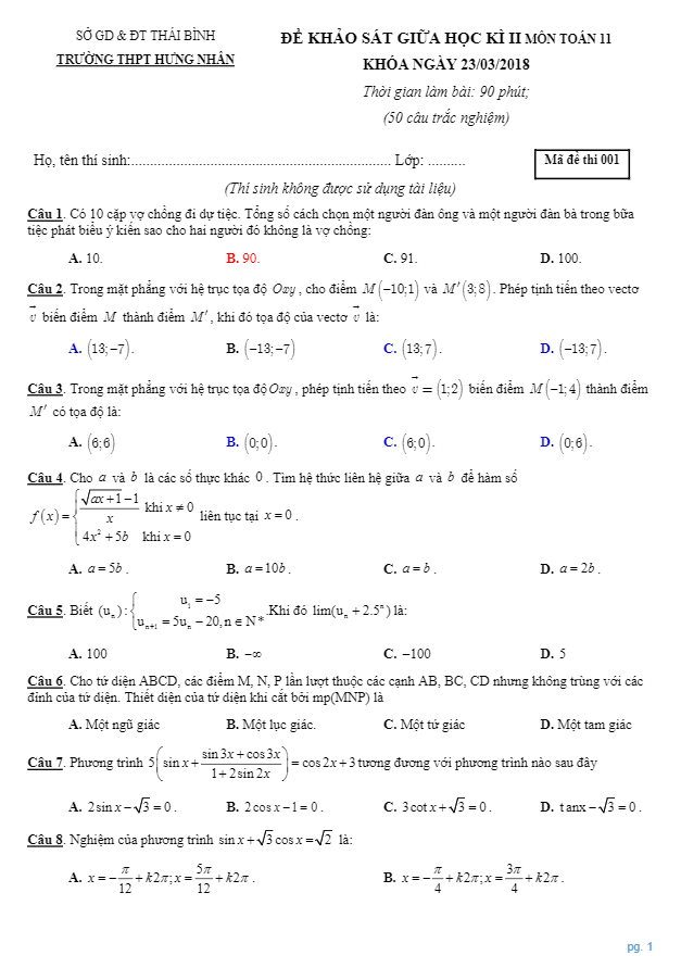 Đề khảo sát giữa học kì 2 (HK2) lớp 11 môn Toán trường THPT Hưng Nhân Thái Bình