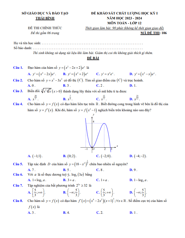 Đề khảo sát học kì 1 (HK1) lớp 12 môn Toán năm 2023 2024 sở GD ĐT Thái Bình