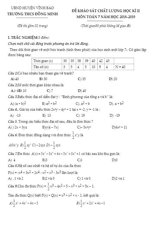 Đề khảo sát học kì 2 (HK2) lớp 7 môn Toán năm 2018 2019 trường THCS Đồng Minh Hải Phòng
