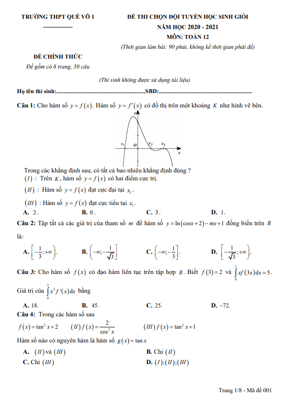 Đề khảo sát học sinh giỏi lớp 12 môn Toán năm 2020 2021 trường THPT Quế Võ 1 Bắc Ninh