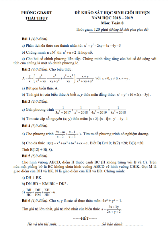 Đề khảo sát HSG huyện lớp 8 môn Toán năm 2018 2019 phòng GD ĐT Thái Thụy Thái Bình