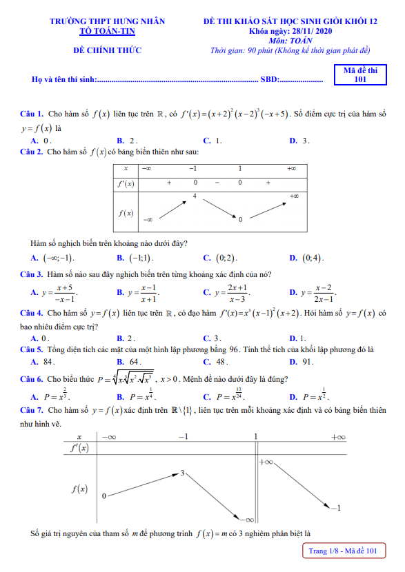 Đề khảo sát HSG lớp 12 môn Toán năm 2020 2021 trường THPT Hưng Nhân Thái Bình