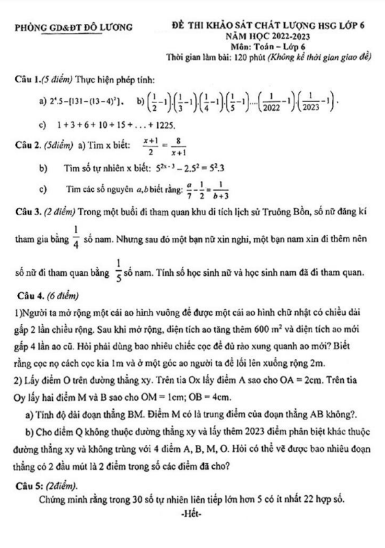 Đề khảo sát HSG lớp 6 môn Toán năm 2022 2023 phòng GD ĐT Đô Lương Nghệ An