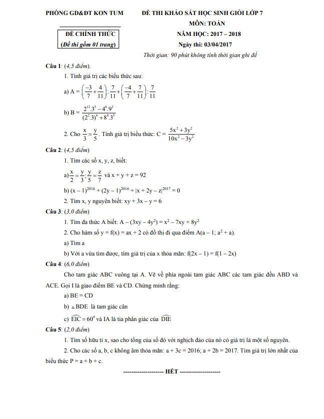 Đề khảo sát HSG lớp 7 môn Toán năm 2017 2018 phòng GD ĐT thành phố Kon Tum