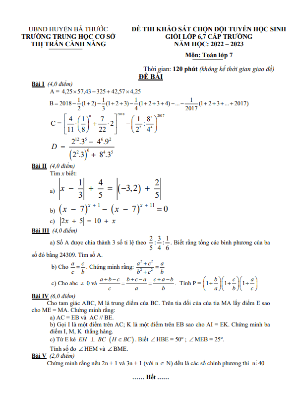 Đề khảo sát HSG lớp 7 môn Toán năm 2022 2023 trường THCS Cành Nàng Thanh Hóa