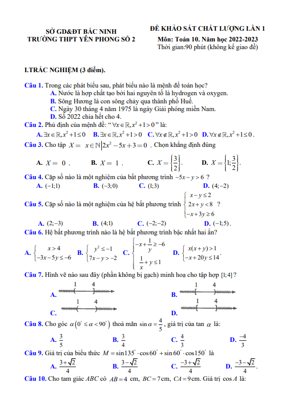 Đề khảo sát lần 1 lớp 10 môn Toán năm 2022 2023 trường THPT Yên Phong 2 Bắc Ninh