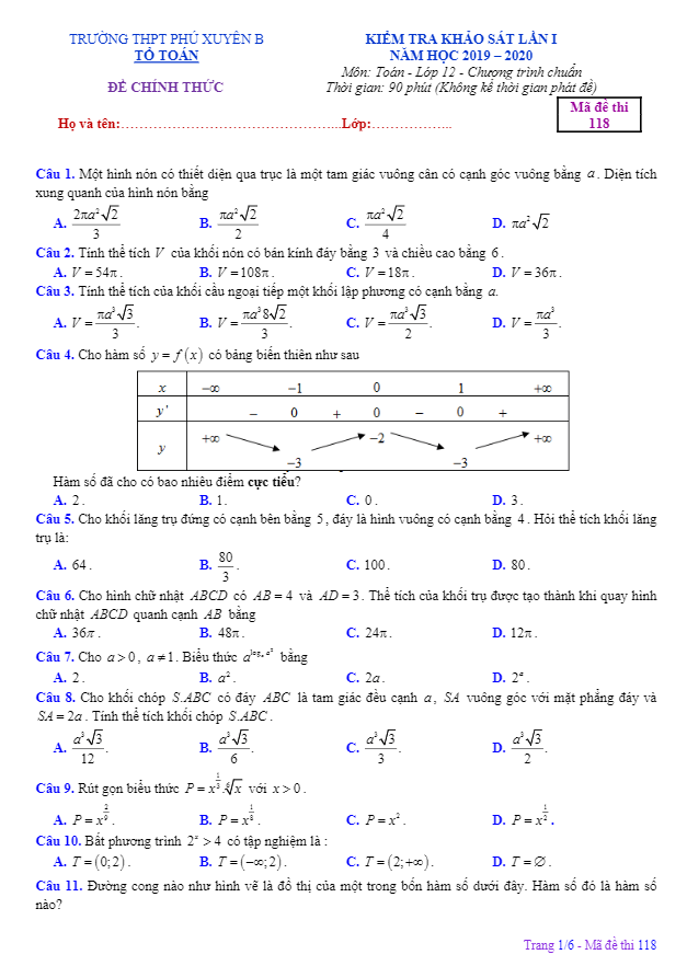 Đề khảo sát lần 1 lớp 12 môn Toán năm 2019 2020 THPT Phú Xuyên B Hà Nội