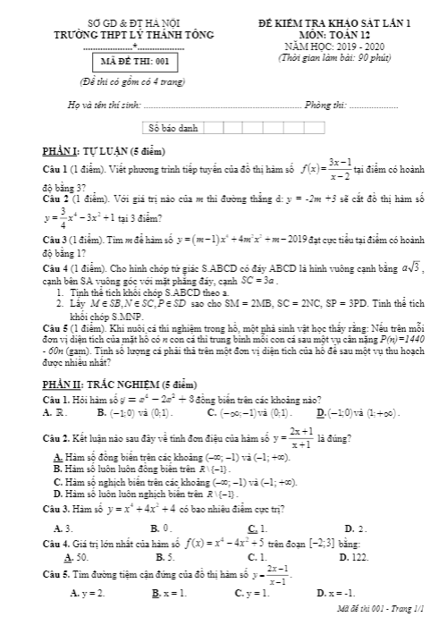 Đề khảo sát lần 1 lớp 12 môn Toán năm 2019 2020 trường Lý Thánh Tông Hà Nội