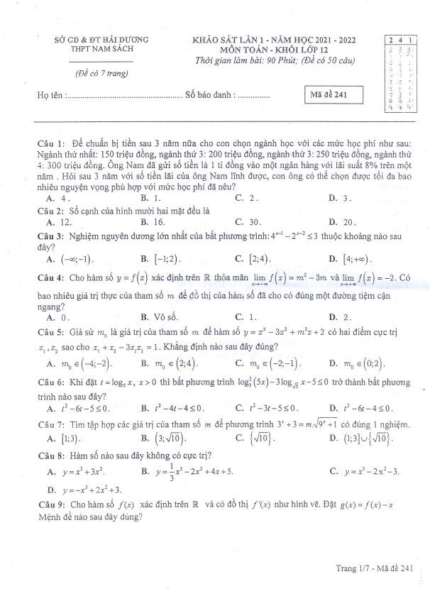 Đề khảo sát lần 1 lớp 12 môn Toán năm 2021 2022 trường THPT Nam Sách Hải Dương