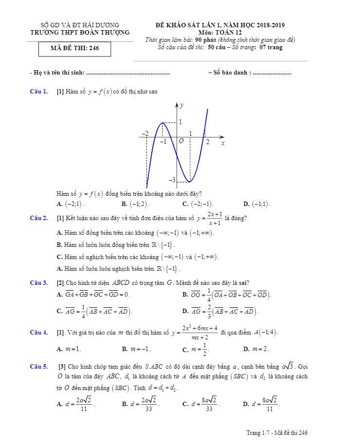 Đề khảo sát lần 1 lớp 12 môn Toán năm học 2018 2019 trường THPT Đoàn Thượng Hải Dương