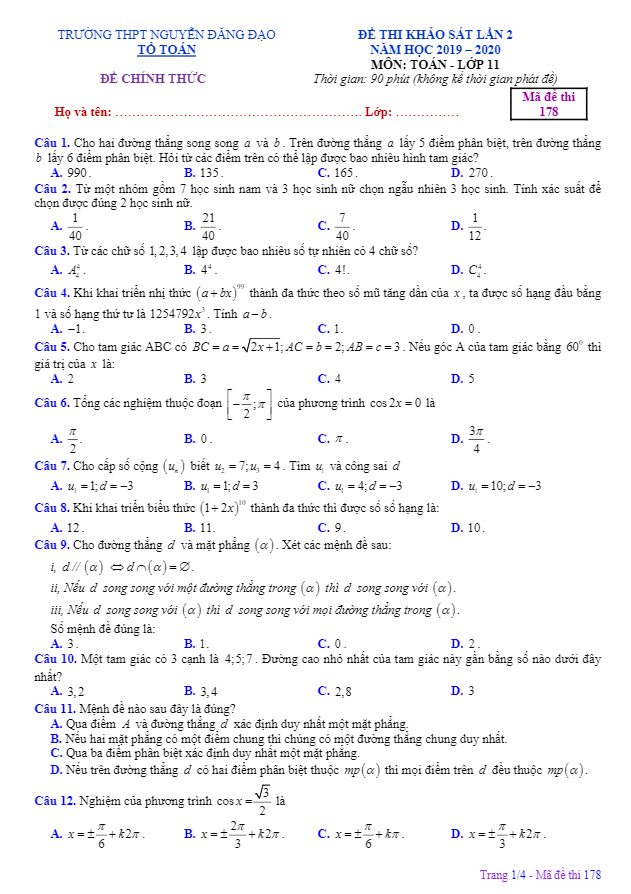 Đề khảo sát lần 2 lớp 11 môn Toán năm 2019 2020 trường Nguyễn Đăng Đạo Bắc Ninh