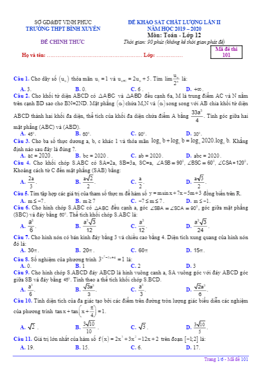 Đề khảo sát lần 2 lớp 12 môn Toán năm 2019 2020 trường Bình Xuyên Vĩnh Phúc