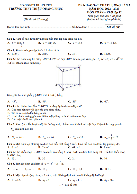 Đề khảo sát lần 2 lớp 12 môn Toán năm 2022 2023 trường THPT Triệu Quang Phục Hưng Yên