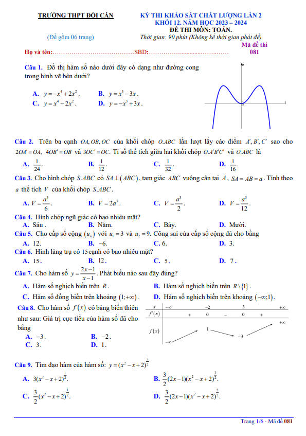 Đề khảo sát lần 2 lớp 12 môn Toán năm 2023 2024 trường THPT Đội Cấn Vĩnh Phúc