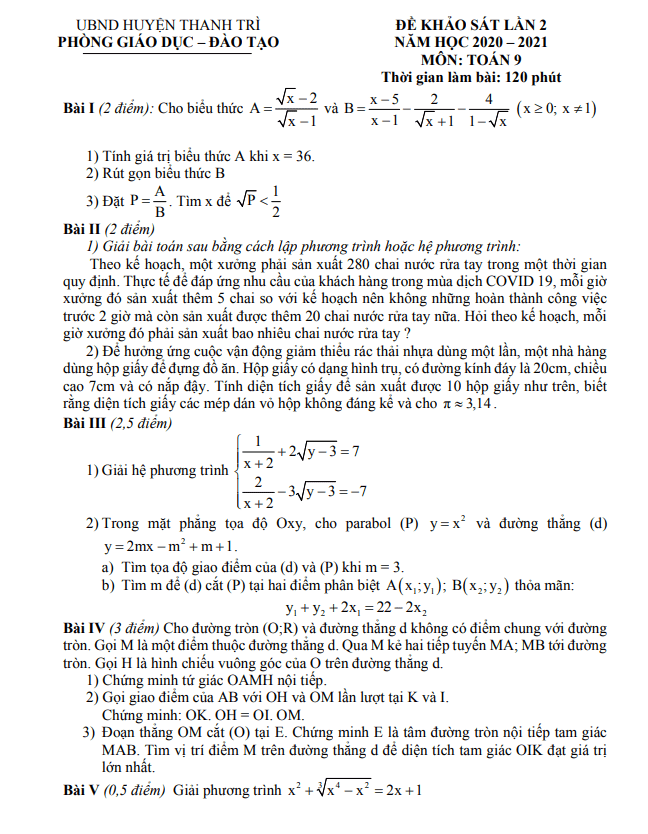 Đề khảo sát lần 2 lớp 9 môn Toán năm 2020 2021 phòng GD ĐT Thanh Trì Hà Nội
