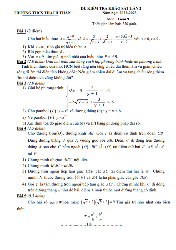 Đề khảo sát lần 2 lớp 9 môn Toán năm 2022 2023 trường THCS Thạch Thán Hà Nội