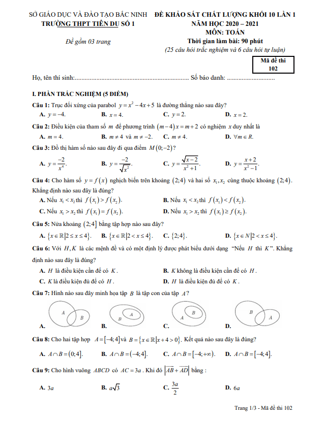 Đề khảo sát lớp 10 môn Toán lần 1 năm 2020 2021 trường Tiên Du 1 Bắc Ninh