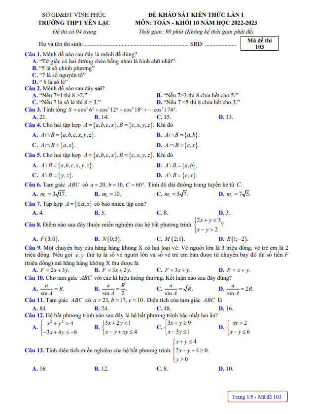 Đề khảo sát lớp 10 môn Toán lần 1 năm 2022 2023 trường THPT Yên Lạc Vĩnh Phúc