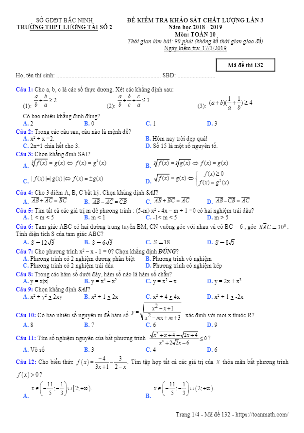 Đề khảo sát lớp 10 môn Toán lần 3 năm 2018 2019 trường Lương Tài 2 Bắc Ninh
