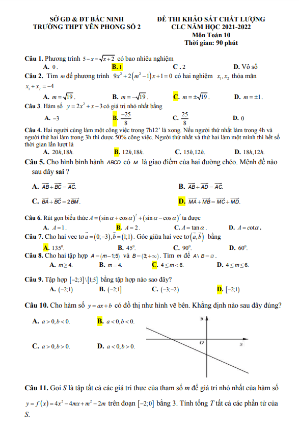 Đề khảo sát lớp 10 môn Toán năm 2021 2022 trường THPT Yên Phong 2 Bắc Ninh
