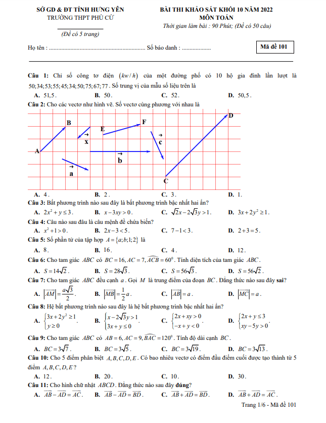Đề khảo sát lớp 10 môn Toán năm 2022 2023 trường THPT Phù Cừ Hưng Yên