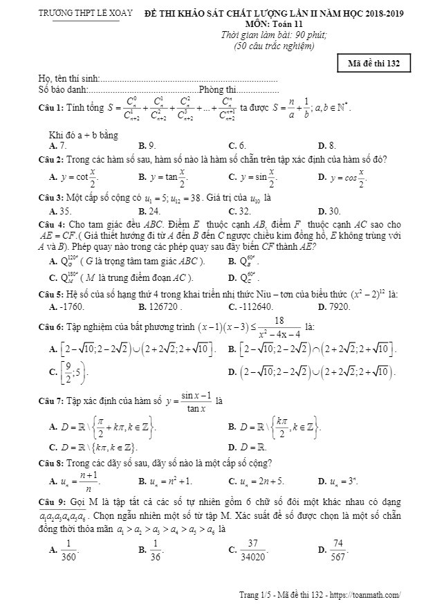 Đề khảo sát lớp 11 môn Toán lần 2 năm 2018 2019 trường THPT Lê Xoay Vĩnh Phúc