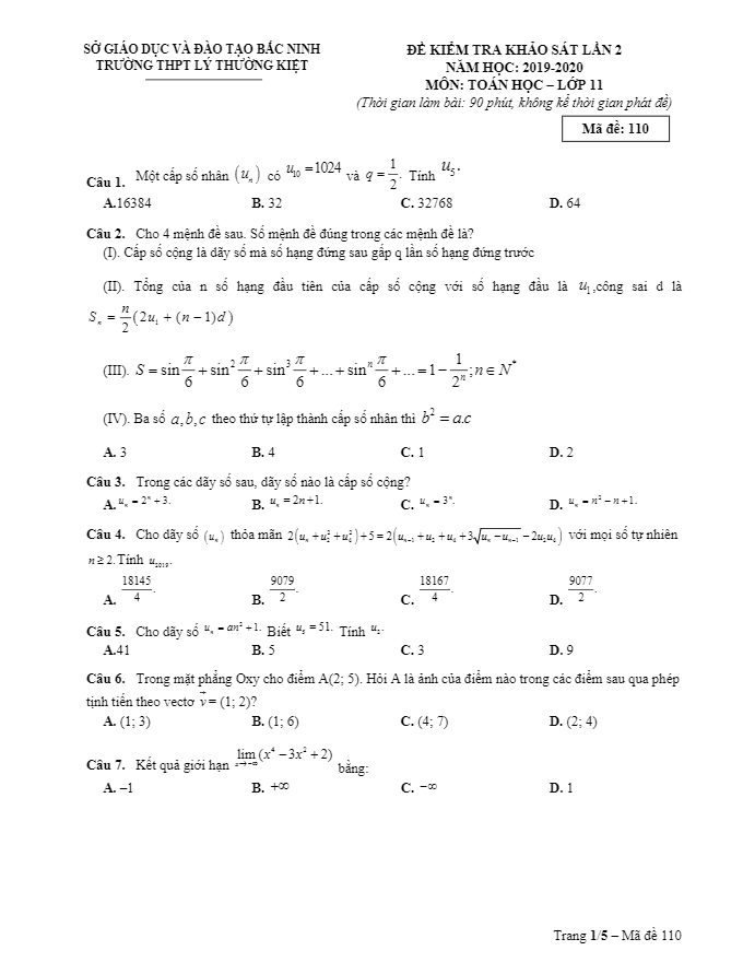 Đề khảo sát lớp 11 môn Toán lần 2 năm 2019 2020 trường THPT Lý Thường Kiệt Bắc Ninh