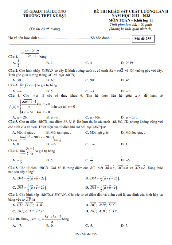 Đề khảo sát lớp 11 môn Toán lần 2 năm 2022 2023 trường THPT Kẻ Sặt Hải Dương